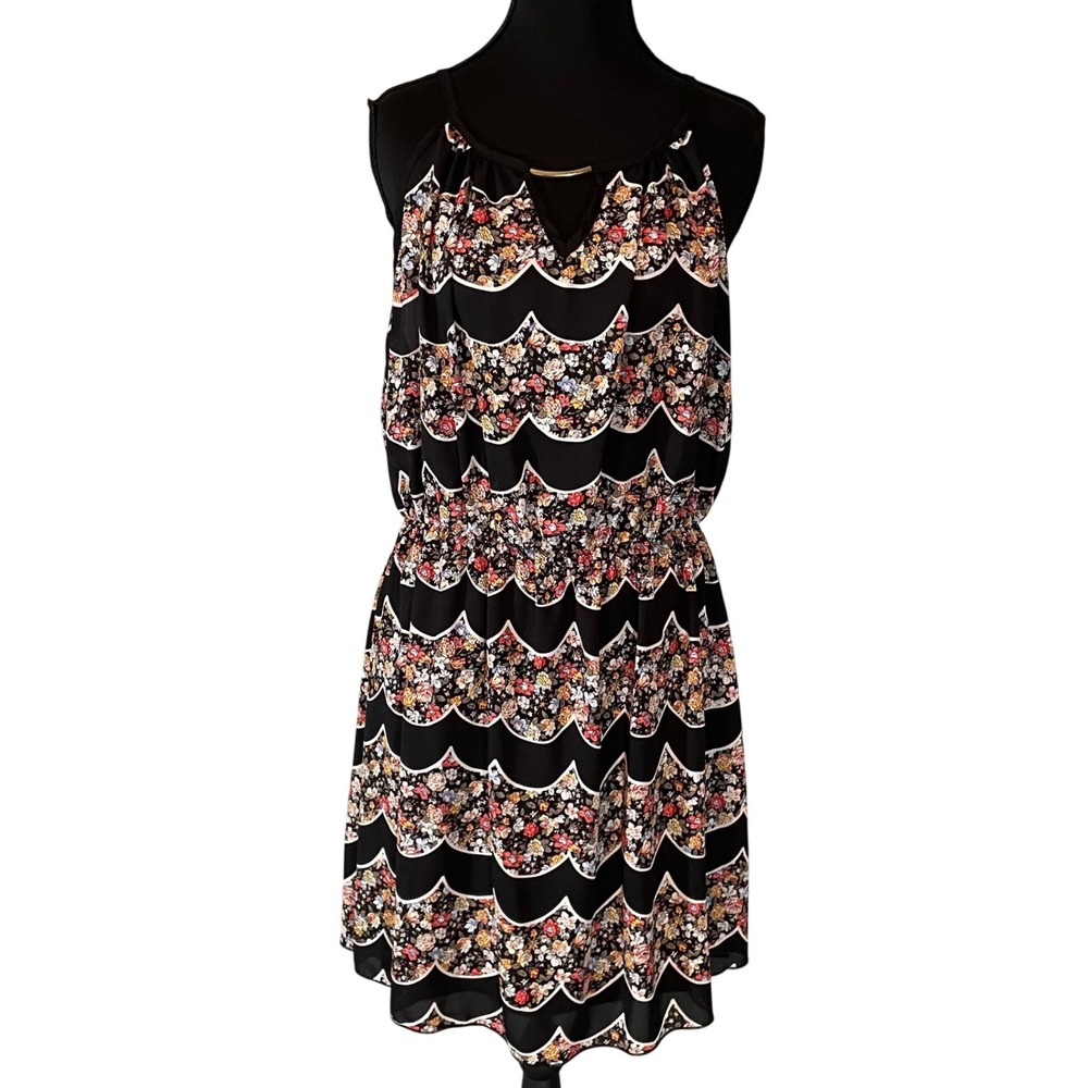 TOTO COLLECTION Black Floral Print Scalloped Hem Sleeveless‎ Mini Dress Women